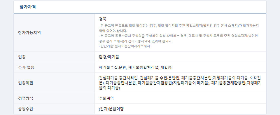 공고 상세 참가자격의 공동수급 칸 — 분담이행과 공동수급체 참가 지역 설명